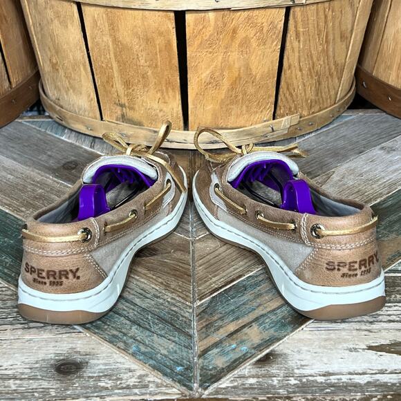 Sperry Angelfish Tan Gold Leather Canvas Lace-Up Boat Shoes Womens Size 5 - Picture 8 of 11